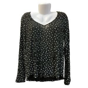 Lucky Brand Women's Black w/ Blue Floral Design w/ Tassels Boho Blouse | Size L